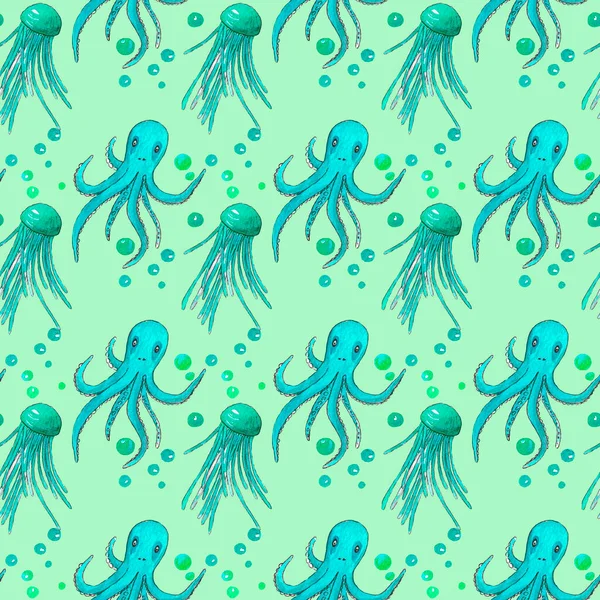 Suluboya çizimi. Deniz yaşamında pürüzsüz bir düzen. Denizanası, ahtapot, hava kabarcıkları. Kumaş kalıbı. Kağıt üzerine çizim. Mavi bir arkaplanda.