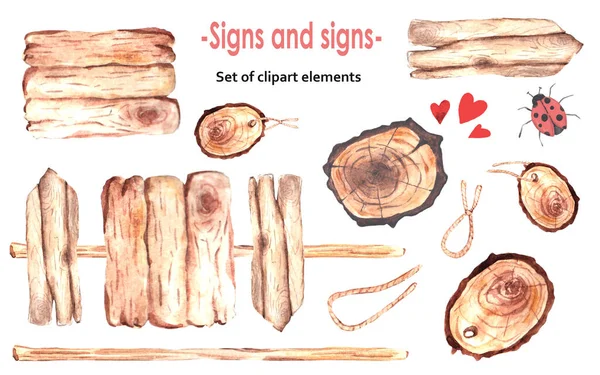 Ilustración Acuarela Conjunto Letreros Madera Signos Con Una Mariquita Corazones — Foto de Stock