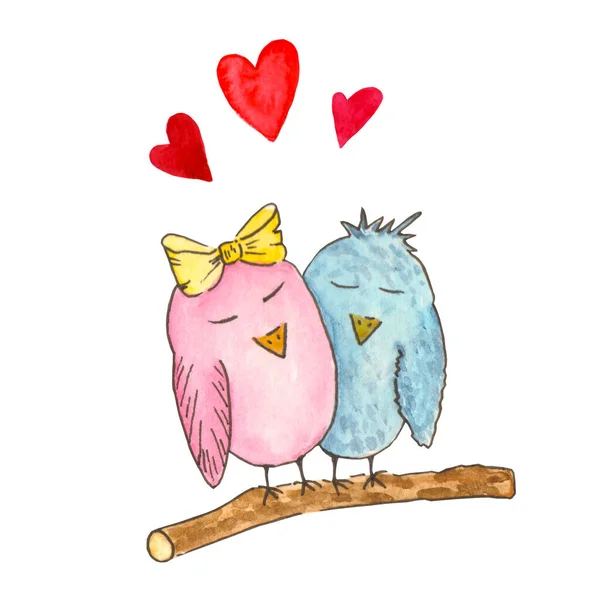 Watercolor Illustration Two Lovebirds Branch White Background — Stock Photo, Image