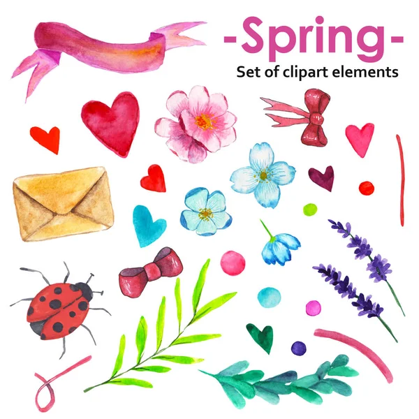 Suluboya çizimi. Çiçekler, dallar, kalpler, zarf ve uğur böceği ile bahar seti