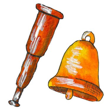 Kahverengi bir teleskobun suluboya çizimi ve beyaz arka planda sarı bir zil.