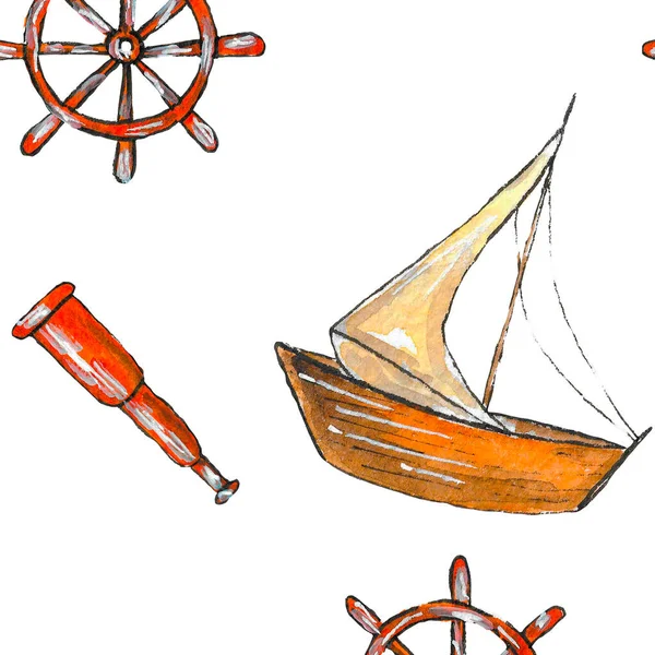 Denizin temasında kusursuz bir suluboya deseni var. Harita parşömenleri, bir teleskop ve bir dümen. Beyaz arka planda, kağıt ya da kumaş üzerine baskı yapmak için kullanılabilir..