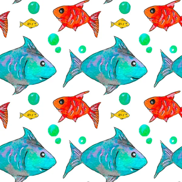 Denizin Temasında Kusursuz Suluboya Deseni Beyaz Arka Planda Renkli Balıklardan — Stok fotoğraf