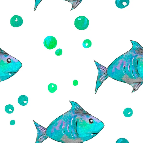 Denizin temasında kusursuz suluboya deseni, beyaz arka planda açık mavi balıktan oluşur..