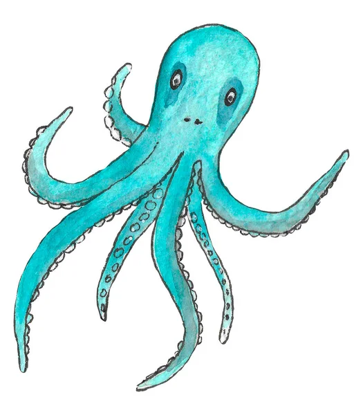 Akvarel Ilustrace Modré Chobotnice Bílém Pozadí — Stock fotografie