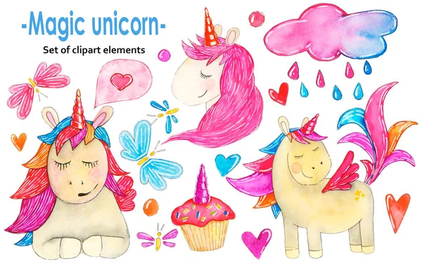 Suluboya çizimleri. Beyaz arka planda sihirli tatil tekboynuzları.