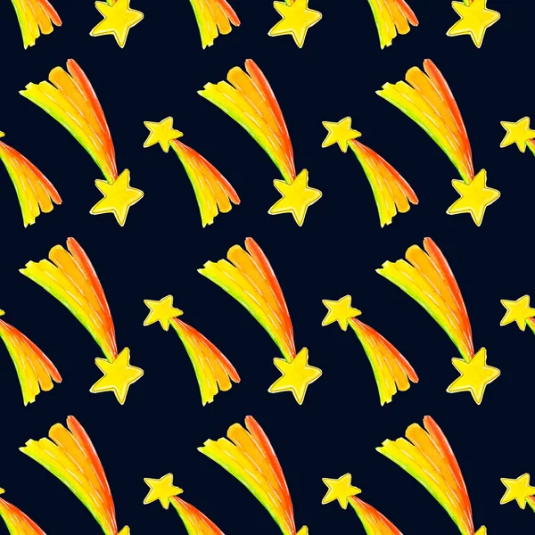 Seamless pattern of magic stars on a dark blue background, painted in watercolor. — Stock Photo, Image