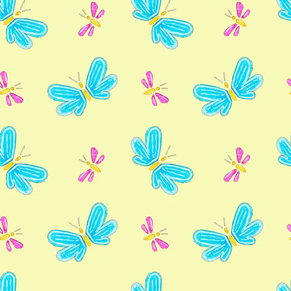 Açık sarı arka planda, suluboya ile boyanmış kusursuz mavi ve pembe kelebek deseni..