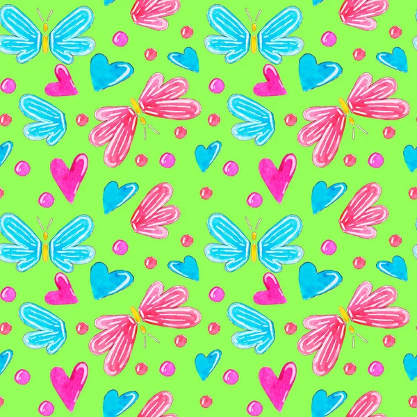Бесшовный узор синих и розовых бабочек, сердец и кругов на зеленом фоне, окрашенных в акварель . — стоковое фото