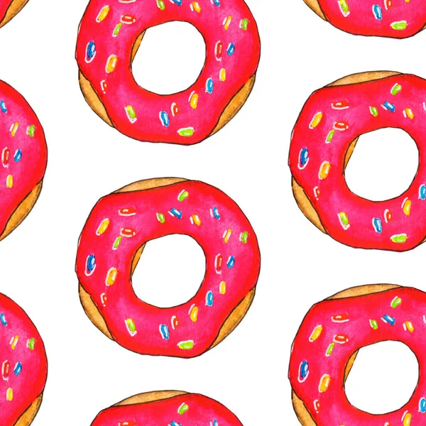 Pembe kremalı ve suluboya ile çizilmiş beyaz arkaplanlı kusursuz donut deseni.