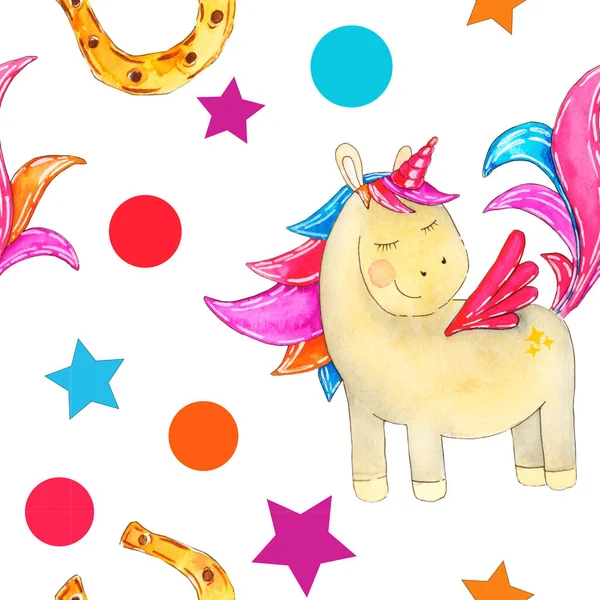 Suluboya çizimi, beyaz arka planda at nalı olan sihirli bir tek boynuzlu attan oluşan kusursuz bir desen..