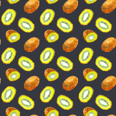 Gri bir zemin üzerinde suluboya ile boyanmış kusursuz olgun kivi deseni..