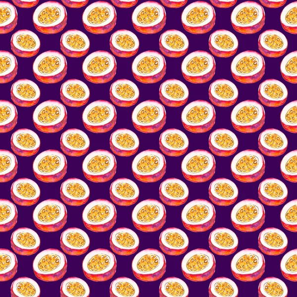 Mor bir zemin üzerinde suluboya ile boyanmış kusursuz olgun tutku meyvesi deseni..