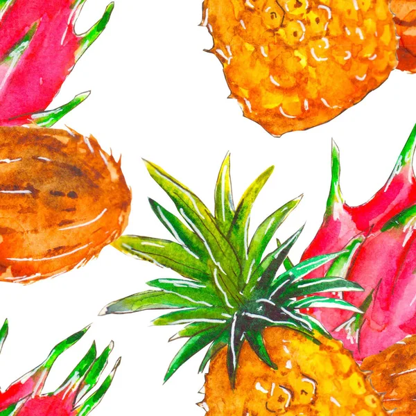 Sömlöst mönster av tropiska frukter på en vit bakgrund, målade i akvarell. — Stockfoto