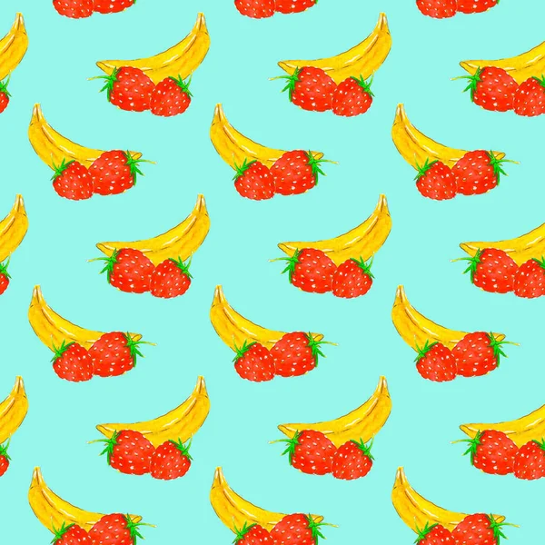 Sömlöst mönster av bananer och jordgubbar på en ljusblå bakgrund, målade i akvarell. — Stockfoto