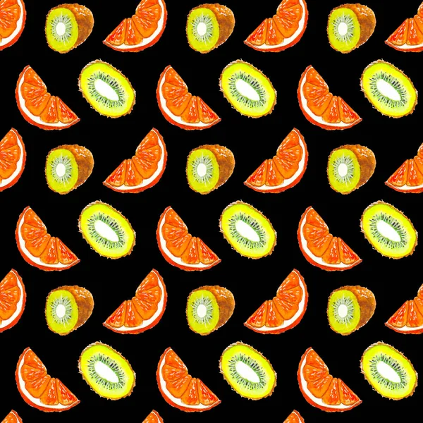 Płynny wzór plasterków pomarańczy i kiwi na czarnym tle, narysowanych akwarelą. — Zdjęcie stockowe