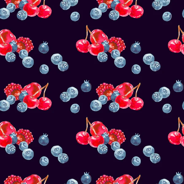 Nahtloses Muster reifer Beeren auf dunkelblauem Hintergrund, gemalt in Aquarell. — Stockfoto