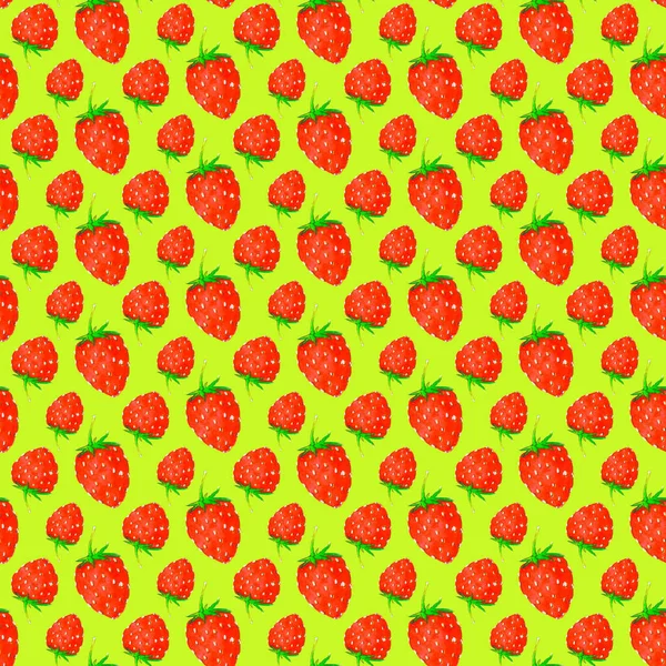 Sömlöst mönster av mogna jordgubbar på en gul bakgrund, målade i akvarell. — Stockfoto