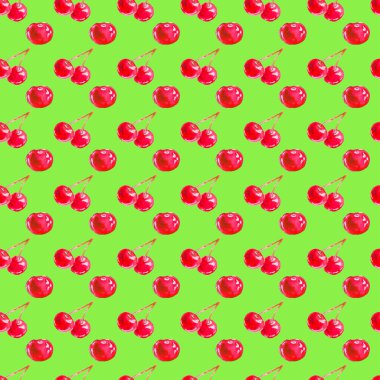 Yeşil arka planda suluboya ile boyanmış, kusursuz olgun kiraz çileği deseni..