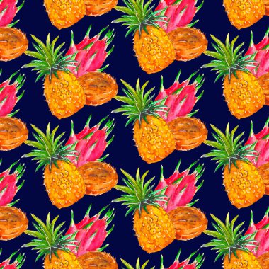 Mavi arka planda suluboya ile çizilmiş kusursuz tropikal meyve deseni.