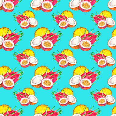 Açık mavi arka planda suluboya ile boyanmış kusursuz tropikal meyve deseni..