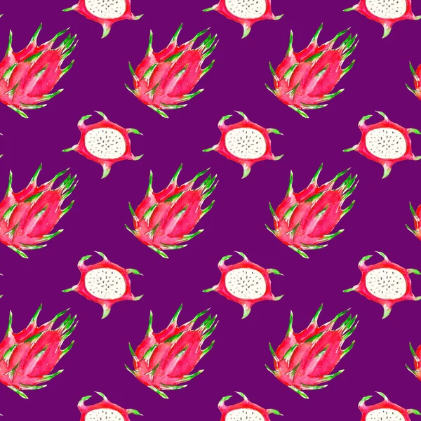 Mor bir zemin üzerinde suluboya ile boyanmış kusursuz olgun ejderha meyvesi deseni..