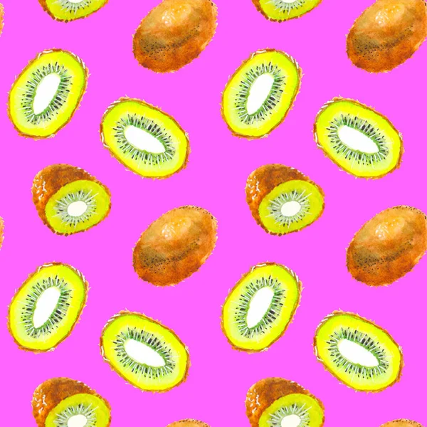 Pembe arka planda suluboya ile boyanmış kusursuz olgun kivi deseni..