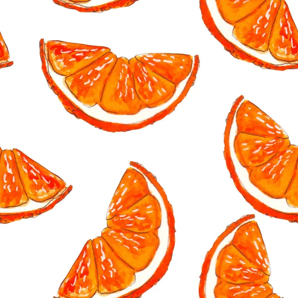 Sömlöst mönster av mogna orange skivor på en vit bakgrund, målade i akvarell. — Stockfoto