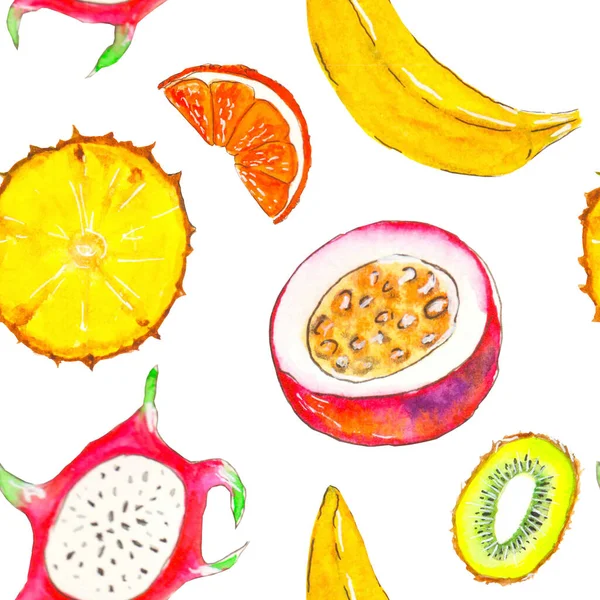 Beyaz arka planda suluboya ile boyanmış, kusursuz tropikal meyve deseni..