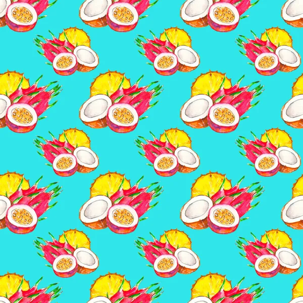 Seamless pattern of tropical fruits on a light blue background, painted in watercolor. — Stock Photo, Image