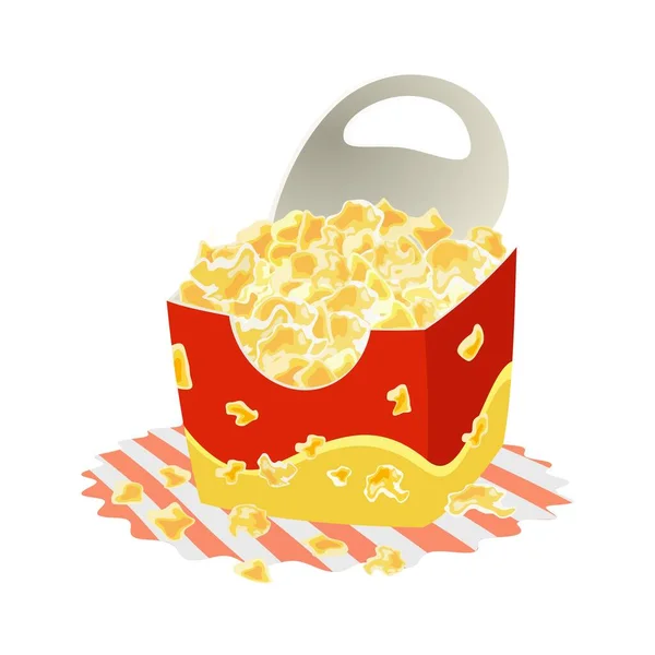 Süßes oder salziges Popcorn im großen Pappbecher auf Serviette. Maiskörner. — Stockvektor