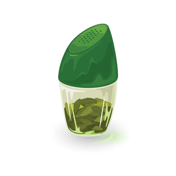 Yeşil plastik kapaklı teneke kutu, şeffaf karıştırıcı içinde defne yaprakları. — Stok Vektör