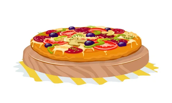 Pizza con rodajas de tomates, pimiento, champiñones, aceitunas negras, queso está en bandeja de madera . — Vector de stock