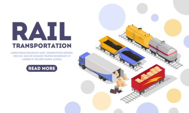 Rail transportation landing page template. Delivery by railway vehicles concept for web.