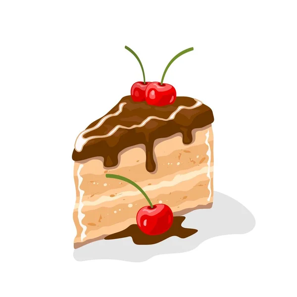 Leckeres Stück Schichtkuchen, Torte mit Schokolade-Buttercreme und Kirschen überzogen. — Stockvektor