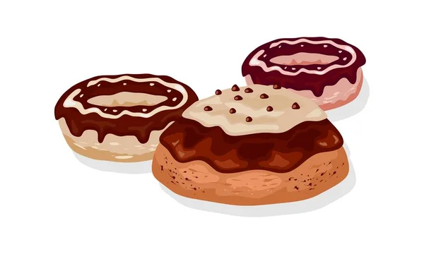 Zwei Donuts und Kuchen mit dunkler und weißer Schokoladenglasur überzogen, Streusel. — Stockvektor