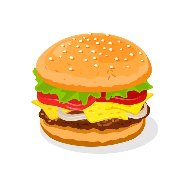 Grand double cheeseburger appétissant avec galettes de boeuf ou steak, fromage, tomates, cornichons, laitue . — Image vectorielle