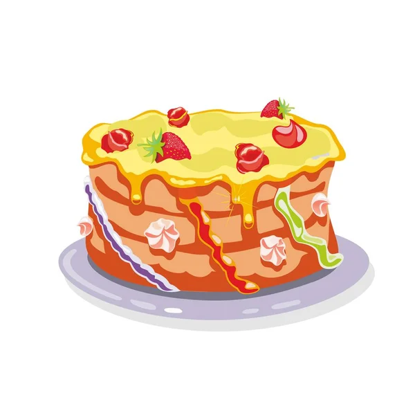 Torta entera, gateau, pastel adornado con crema de mantequilla amarilla, fresas, flores de crema . — Vector de stock