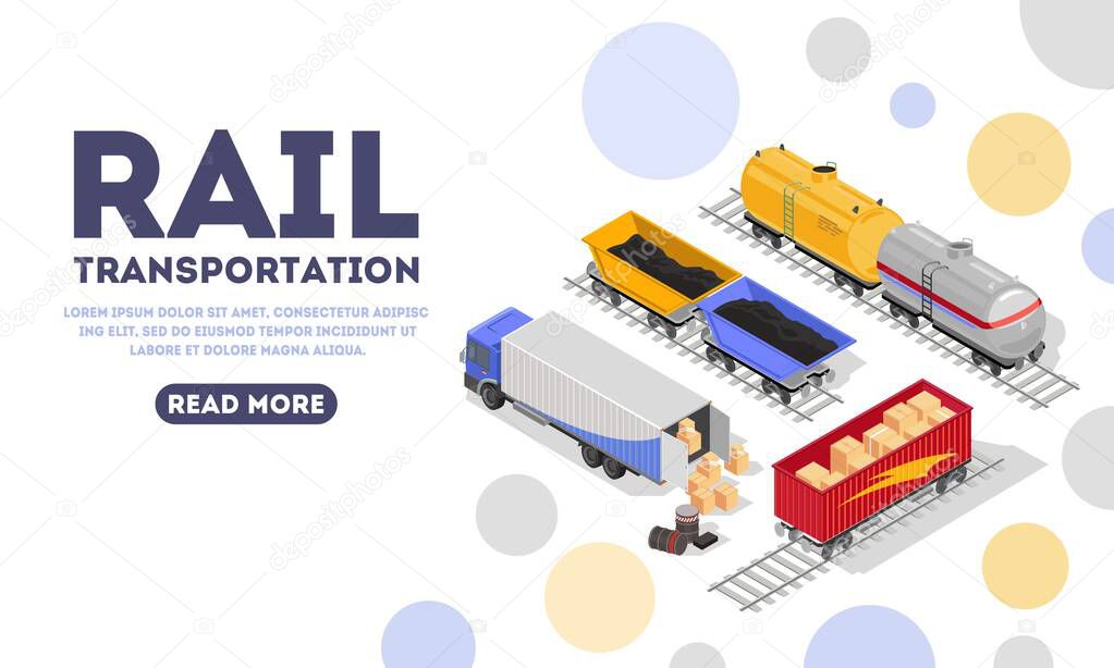 Rail transportation landing page template. Delivery by railway vehicles concept for web.