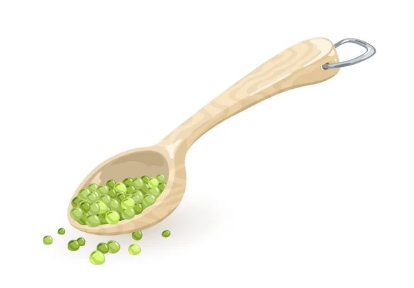 Green peas are in measuring wooden or plastic spoon, scoop, ladle, bailer with metallic d-ring hung. — Stock Vector