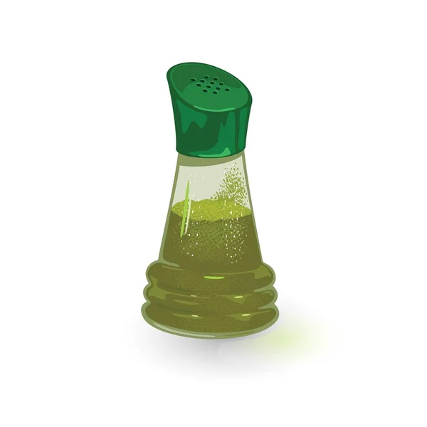 Zielony garam masala w shakerze szklanym, cyna z plastikową pokrywą. Ziemne aromatyczne indyjskie przyprawy. — Wektor stockowy