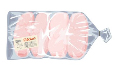 Plastik poşette donmuş, kemiksiz, derisiz tavuk göğsü. Etli malzemeler.