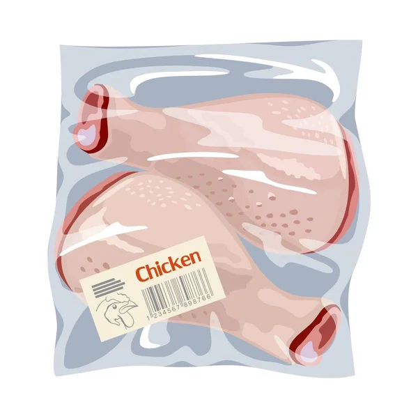Frysta råa kycklingben quaters eller trumpinnar är i plastpåse. Färskt fjäderfäkött. — Stock vektor