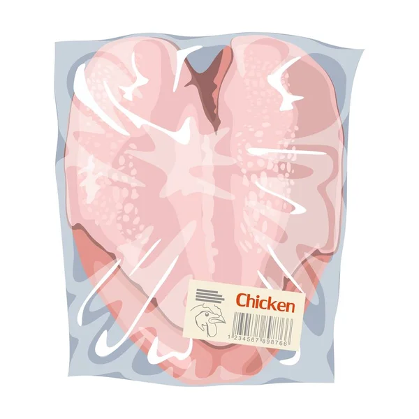 Syrové kuřecí prsa v průhledném plastovém obalu. Masitý výrobek pro fitness lidi. — Stockový vektor