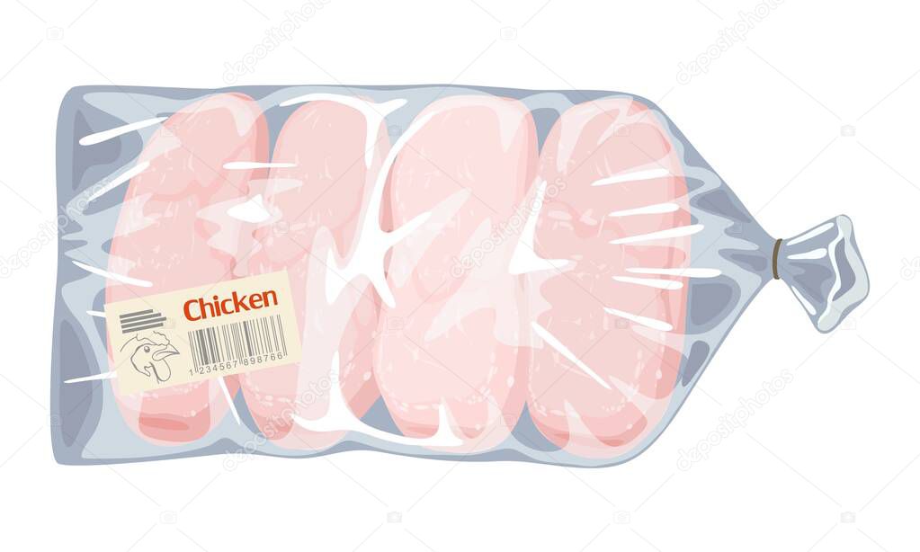 Frozen raw boneless skinless chicken breasts in plastic transparent bag. Meaty ingredients.