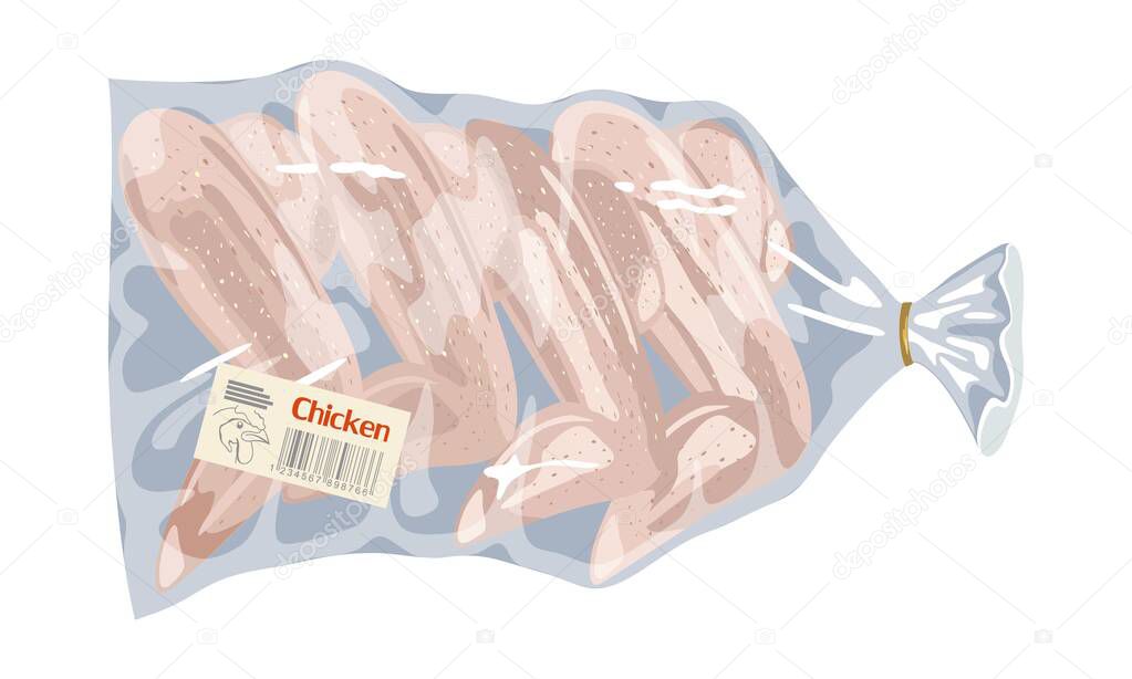 Frozen fresh wings in plastic disposable packing with food label.