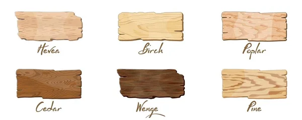 Bannières en bois, panneaux de signalisation pour texte avec texture d'hevea, bouleau, peuplier, cèdre, wengé, pin . — Image vectorielle