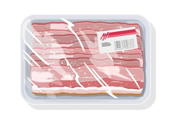 El jamón ahumado está en una bandeja de plástico cubierta con envoltura de alimentos elásticos, película adhesiva con etiqueta . — Vector de stock