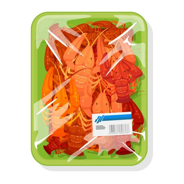 Los cangrejos rojos cocidos congelados están en bandeja de plástico verde cubierta con envoltura de alimentos de polietileno. . — Vector de stock