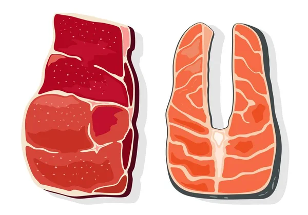 Carne de res y filetes de pescado rojo, filete. Producto animal para personas en forma física . — Vector de stock